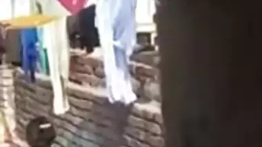 Aunty Bathing Topless in Terrace..